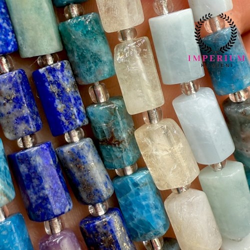 Mix Kamieni: Cytryn, Amazonit, Lapis Lazuri, Ametyst, Akwamaryn, Apatyt, Labradoryt / walec / ok. 7x11mm