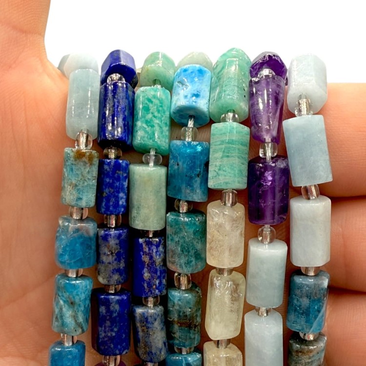 Mix Kamieni: Cytryn, Amazonit, Lapis Lazuri, Ametyst, Akwamaryn, Apatyt, Labradoryt / walec / ok. 7x11mm