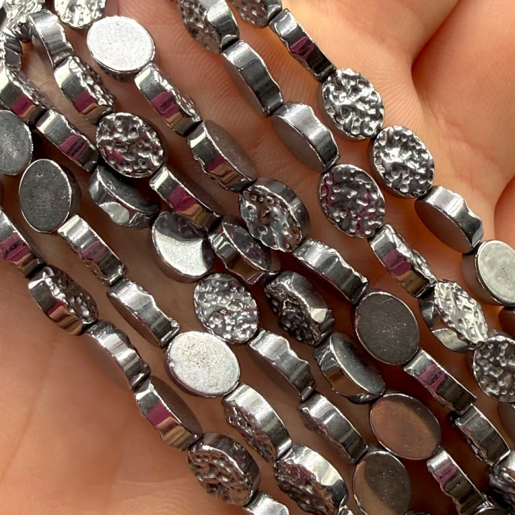 Hematyt Owal z Teksturą / kolor srebrny / ok. 6x8mm