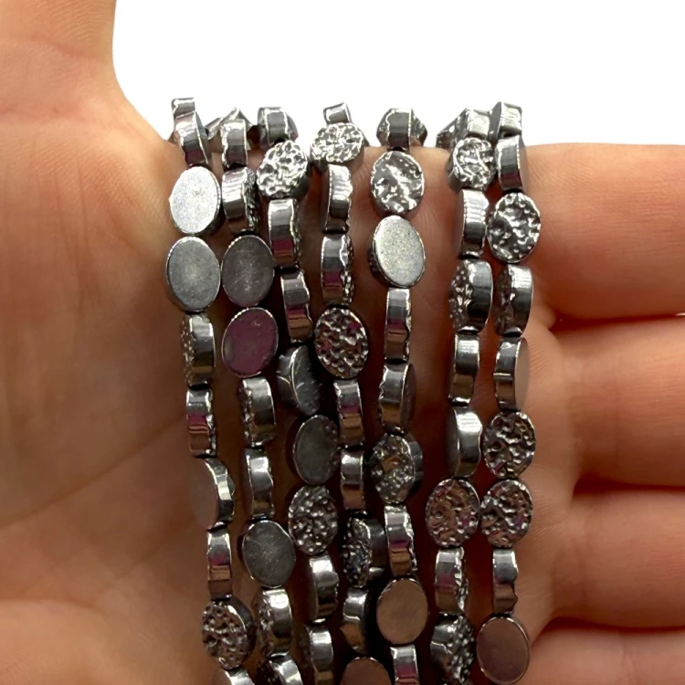 Hematyt Owal z Teksturą / kolor srebrny / ok. 6x8mm