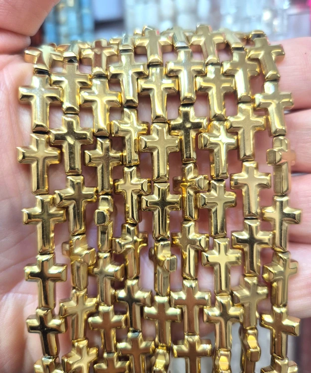 Hematyt Krzyżyk zaokrąglony / kolor ciepłe złoto / ok. 10x14mm