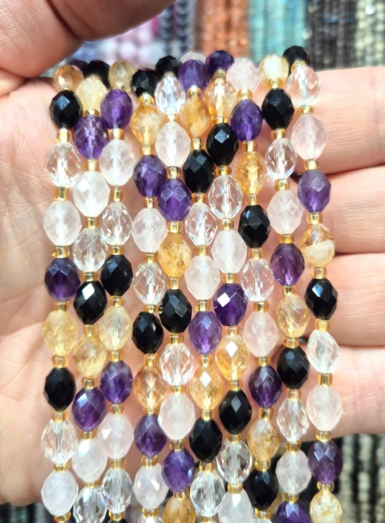 MIX: cytryn, ametyst, kryształ górski, kwarc Różowy, obsydian / oliwka fasetowana / ok. 6x8mm
