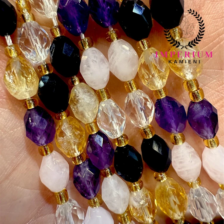 MIX: cytryn, ametyst, kryształ górski, kwarc różowy, obsydian / fasetowana oliwka / ok. 6x8mm