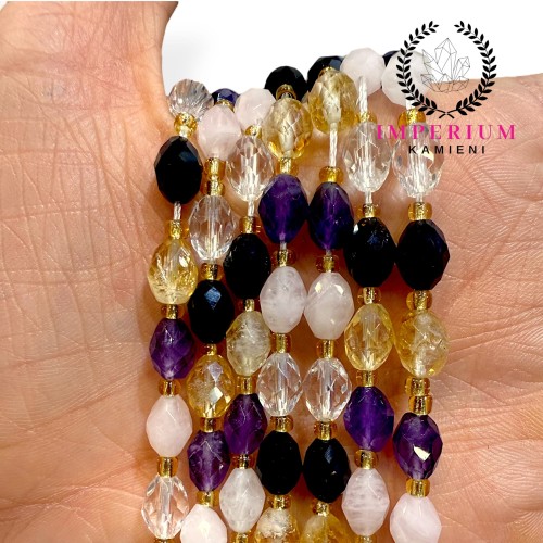 MIX: cytryn, ametyst, kryształ górski, kwarc różowy, obsydian / fasetowana oliwka / ok. 6x8mm