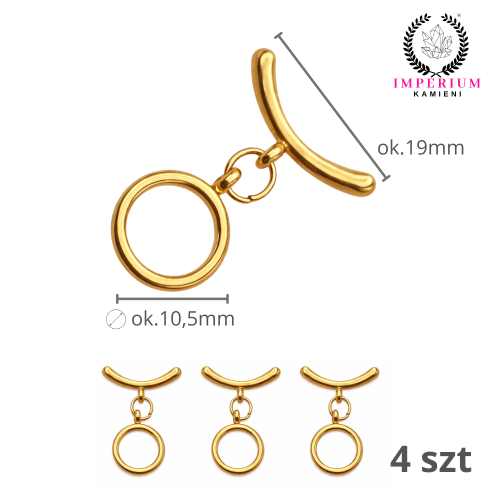 Zapięcie Toggle / stal PVD / kolor złoty / śr. ok. 10,5mm dł. pat. ok. 19mm