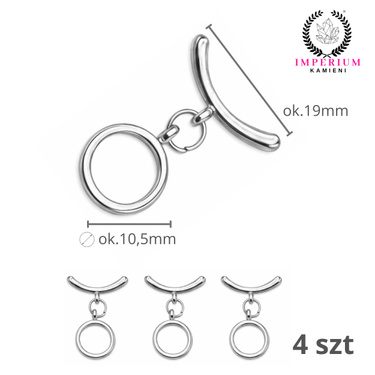 Zapięcie Toggle / stal kolor srebrny / śr. ok. 10,5mm dł. pat. ok. 19mm