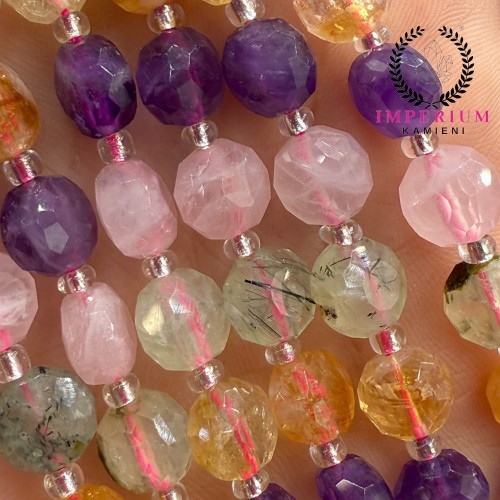 MIX: kwarc Różowy, ametyst, cytryn, prehnit / pastylka fasetowana / ok. 8x5mm