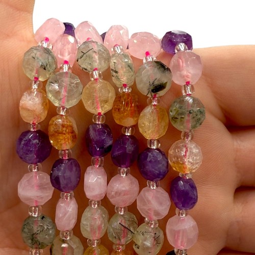 MIX: kwarc Różowy, ametyst, cytryn, prehnit / pastylka fasetowana / ok. 8x5m