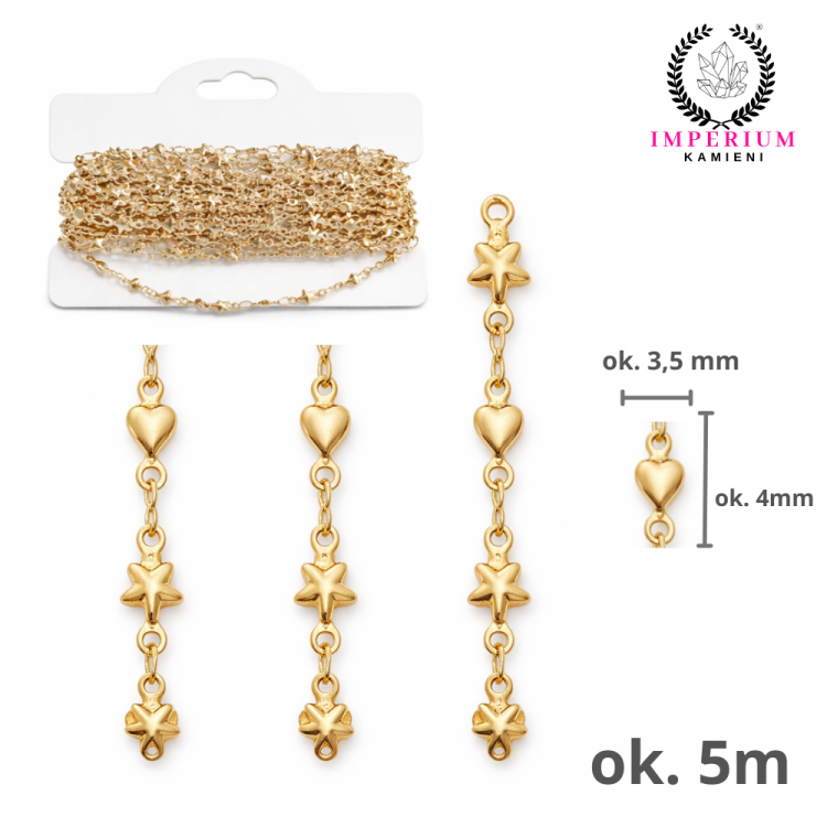 Łańcuszek serce + gwiazda ok. 3-4mm / stal PVD / kolor złoty / 5m