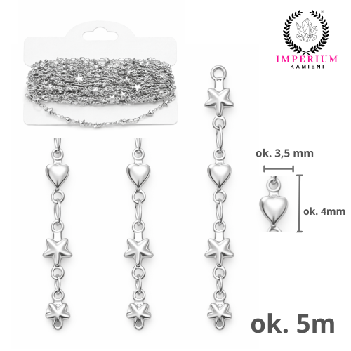Łańcuszek serce + gwiazda ok. 3-4mm / stal kolor srebrny / 5m