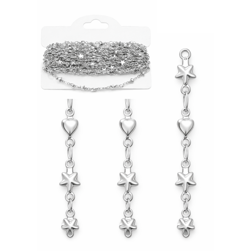 Łańcuszek serce + gwiazda ok. 3-4mm / stal kolor srebrny / 5m